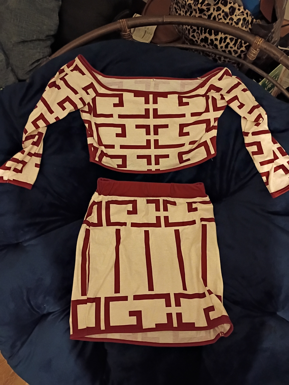 Two-Piece Beige and Burgundy Geometric Knit Set